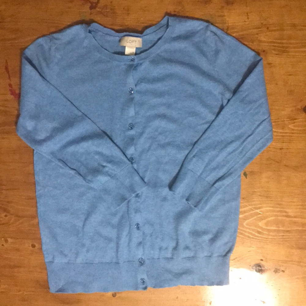 Three quarter sleeve blue cotton Loft cardigan
